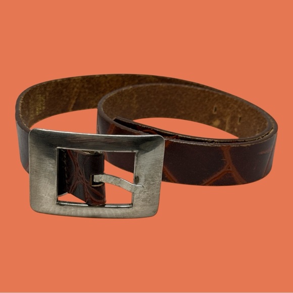 Express Accessories - Express Embossed Genuine Leather Dark Light Brown Belt 1” W x 35.5” L Size M